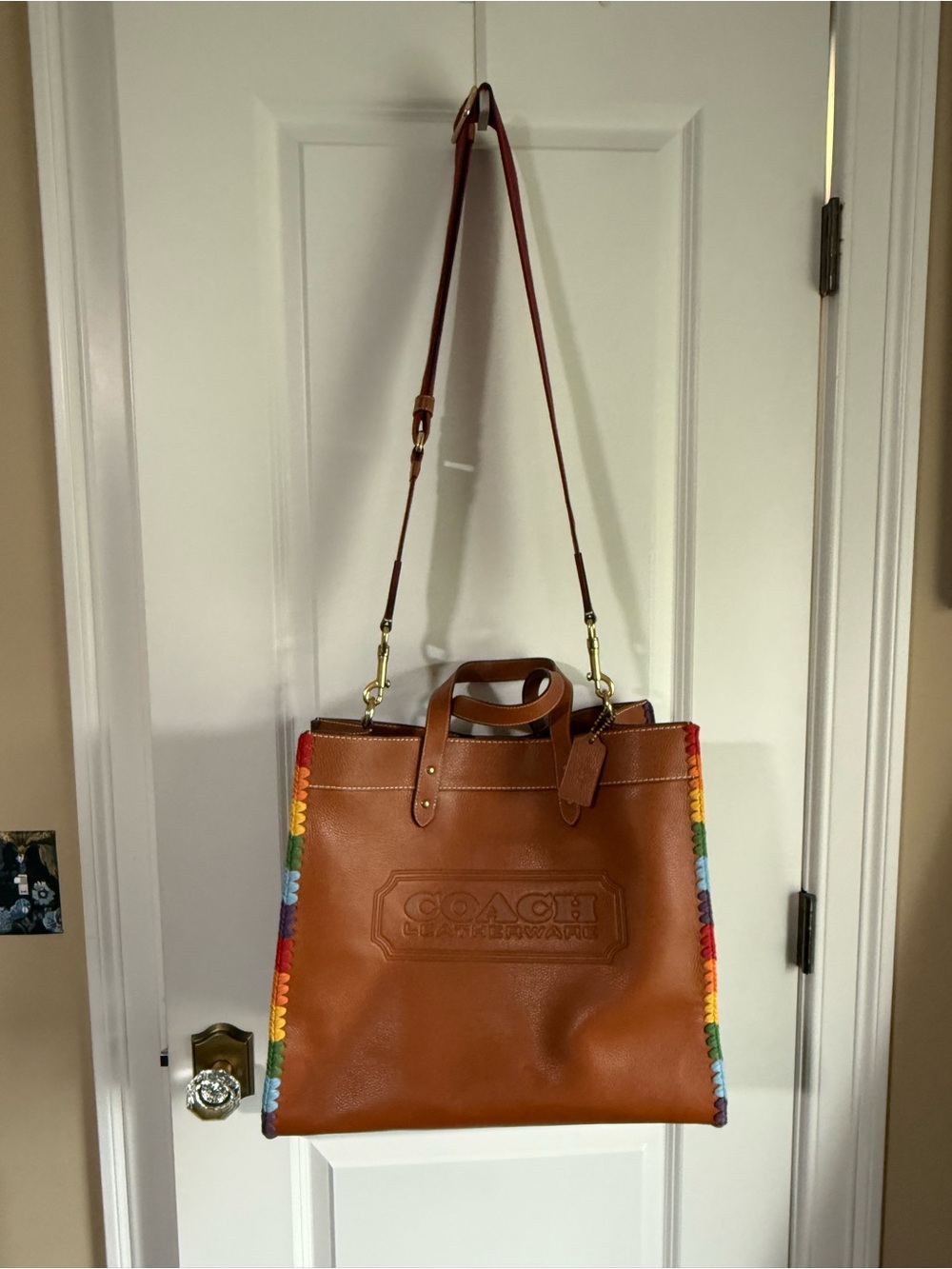 Coach Brown Leather Messenger Tote with Rainbow Crochet Trim